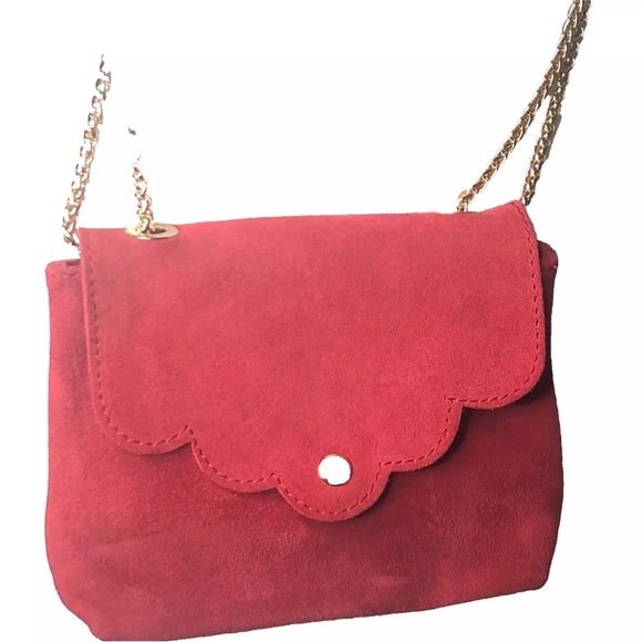 Genuine Suede Shoulder bag Red Scalloped Gold Chain Strap Italy - Picture 12 of 14